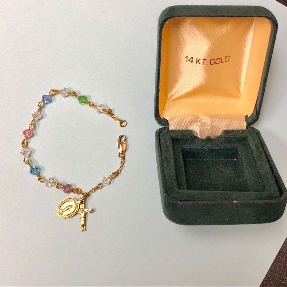 14k Gold-Plated Beaded Bracelet Cross & Holy Mary
